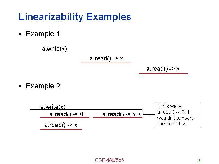 Linearizability Examples • Example 1 a. write(x) a. read() -> x • Example 2