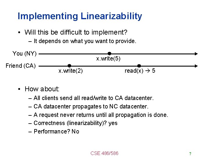 Implementing Linearizability • Will this be difficult to implement? – It depends on what