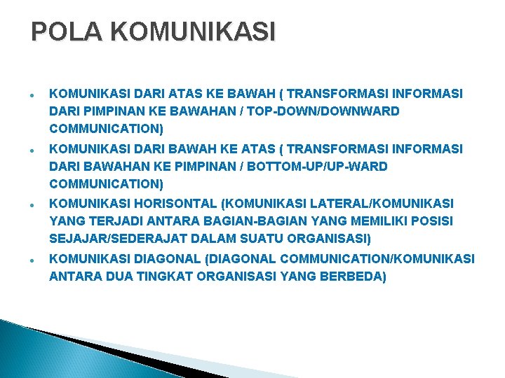 POLA KOMUNIKASI DARI ATAS KE BAWAH ( TRANSFORMASI INFORMASI DARI PIMPINAN KE BAWAHAN / POLA KOMUNIKASI DARI ATAS KE BAWAH ( TRANSFORMASI INFORMASI DARI PIMPINAN KE BAWAHAN /