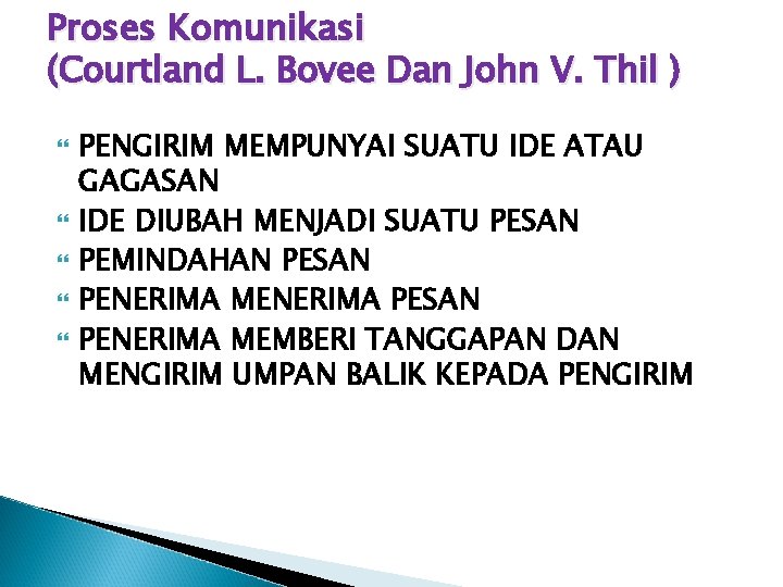 Proses Komunikasi (Courtland L. Bovee Dan John V. Thil ) PENGIRIM MEMPUNYAI SUATU IDE Proses Komunikasi (Courtland L. Bovee Dan John V. Thil ) PENGIRIM MEMPUNYAI SUATU IDE