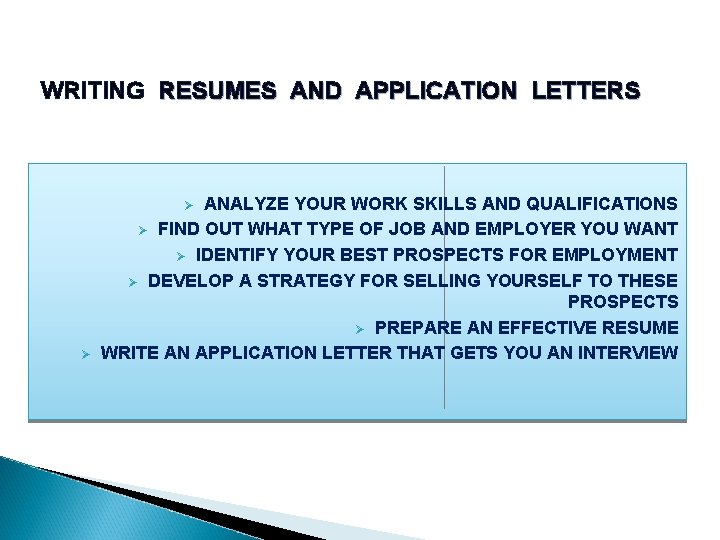 WRITING RESUMES AND APPLICATION LETTERS ANALYZE YOUR WORK SKILLS AND QUALIFICATIONS Ø FIND OUT WRITING RESUMES AND APPLICATION LETTERS ANALYZE YOUR WORK SKILLS AND QUALIFICATIONS Ø FIND OUT