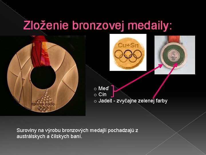 Zloženie bronzovej medaily: o Meď o Cín o Jadeit - zvyčajne zelenej farby Suroviny