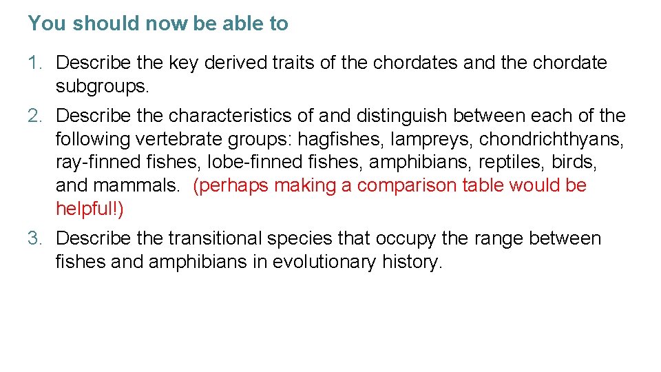 You should now be able to 1. Describe the key derived traits of the