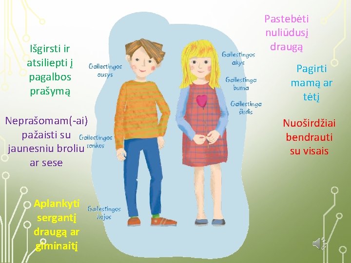 Išgirsti ir atsiliepti į pagalbos prašymą Neprašomam(-ai) pažaisti su jaunesniu broliu ar sese Aplankyti