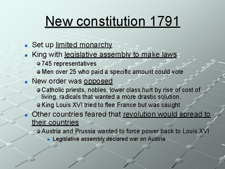 New constitution 1791 n n Set up limited monarchy King with legislative assembly to