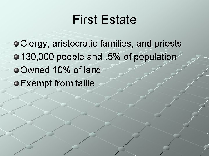 First Estate Clergy, aristocratic families, and priests 130, 000 people and. 5% of population