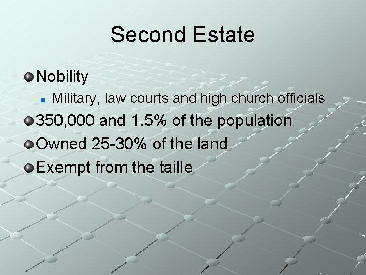 Second Estate Nobility n Military, law courts and high church officials 350, 000 and