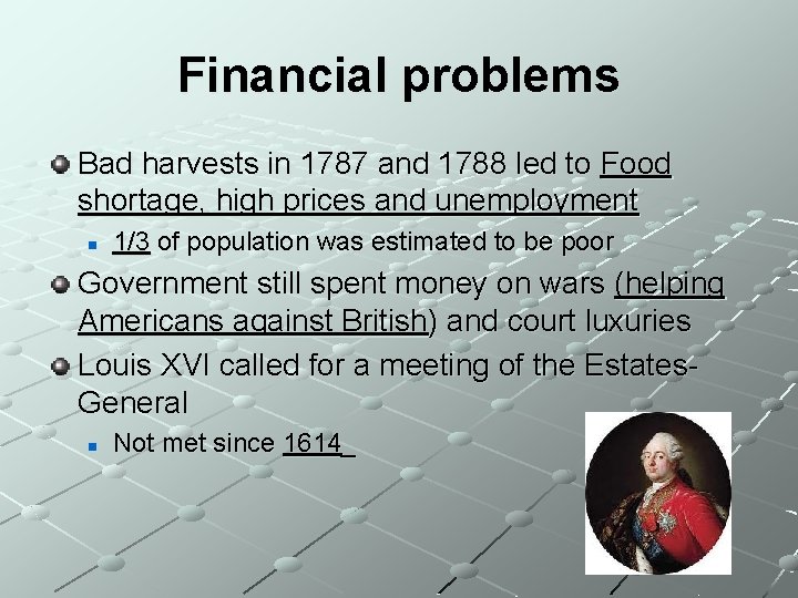 Financial problems Bad harvests in 1787 and 1788 led to Food shortage, high prices