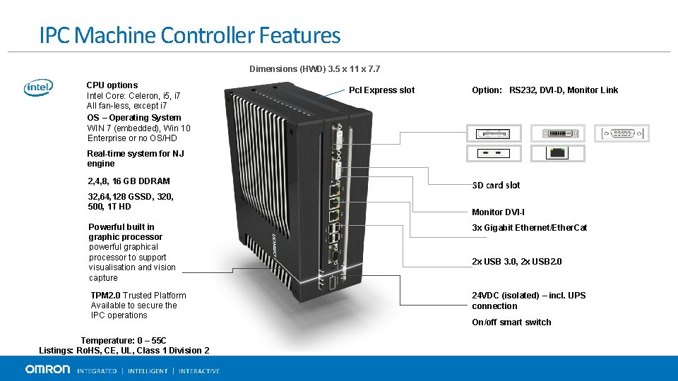 IPC Machine Controller Features Dimensions (HWD) 3. 5 x 11 x 7. 7 CPU