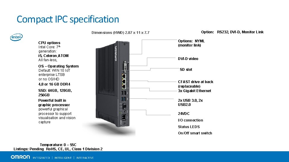 Compact IPC specification Option: RS 232, DVI-D, Monitor Link Dimensions (HWD) 2. 87 x