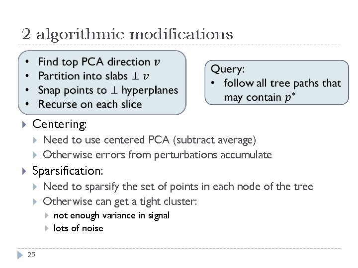 2 algorithmic modifications Centering: Need to use centered PCA (subtract average) Otherwise errors from