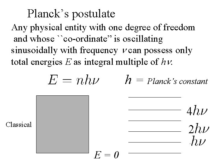 Planck’s postulate Any physical entity with one degree of freedom and whose ``co-ordinate” is