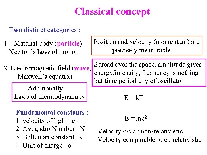 Classical concept Two distinct categories : 1. Material body (particle) Newton’s laws of motion