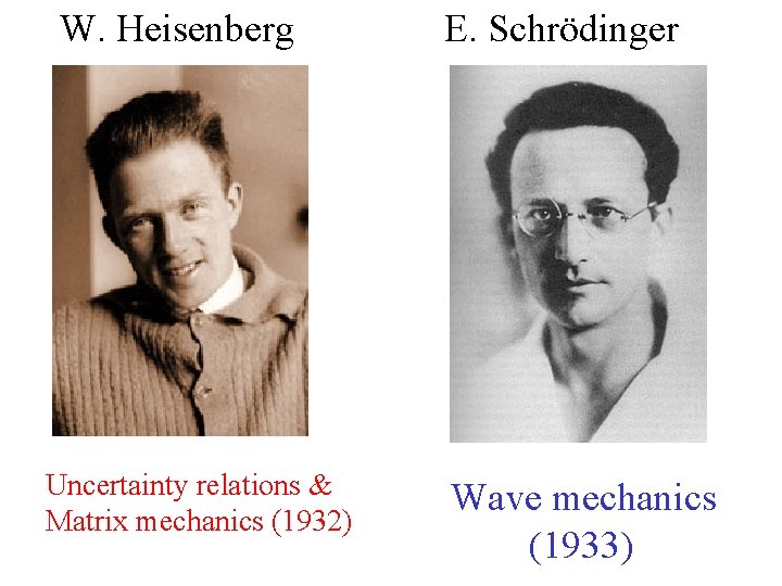 W. Heisenberg Uncertainty relations & Matrix mechanics (1932) E. Schrödinger Wave mechanics (1933) 