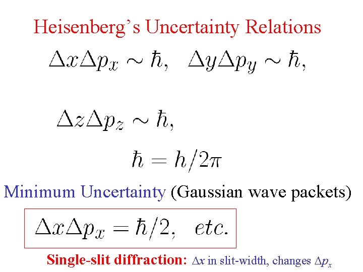 Heisenberg’s Uncertainty Relations Minimum Uncertainty (Gaussian wave packets) Single-slit diffraction: x in slit-width, changes