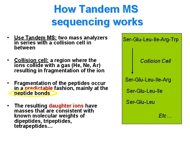How Tandem MS sequencing works • Use Tandem MS: two mass analyzers in series