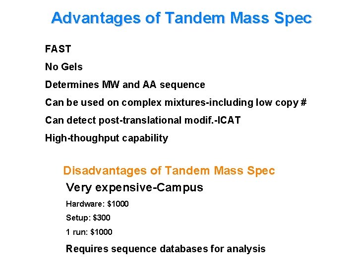Advantages of Tandem Mass Spec FAST No Gels Determines MW and AA sequence Can
