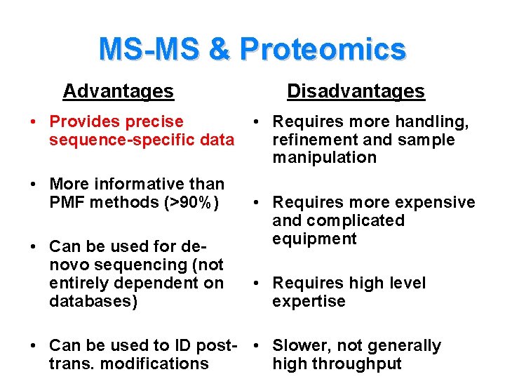 MS-MS & Proteomics Advantages • Provides precise sequence-specific data • More informative than PMF