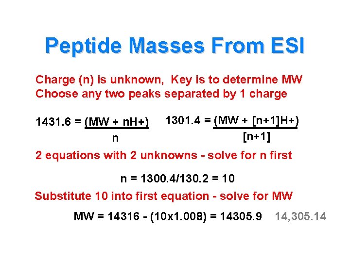 Peptide Masses From ESI Charge (n) is unknown, Key is to determine MW Choose