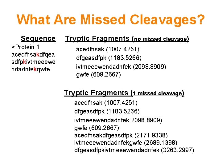 What Are Missed Cleavages? Sequence >Protein 1 acedfhsakdfqea sdfpkivtmeeewe ndadnfekqwfe Tryptic Fragments (no missed