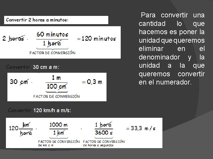Convertir 2 horas a minutos: Convertir 30 cm a m: Convertir 120 km/h a