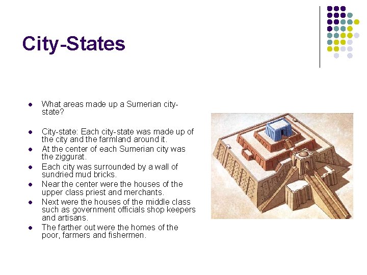 City-States l What areas made up a Sumerian citystate? l City-state: Each city-state was
