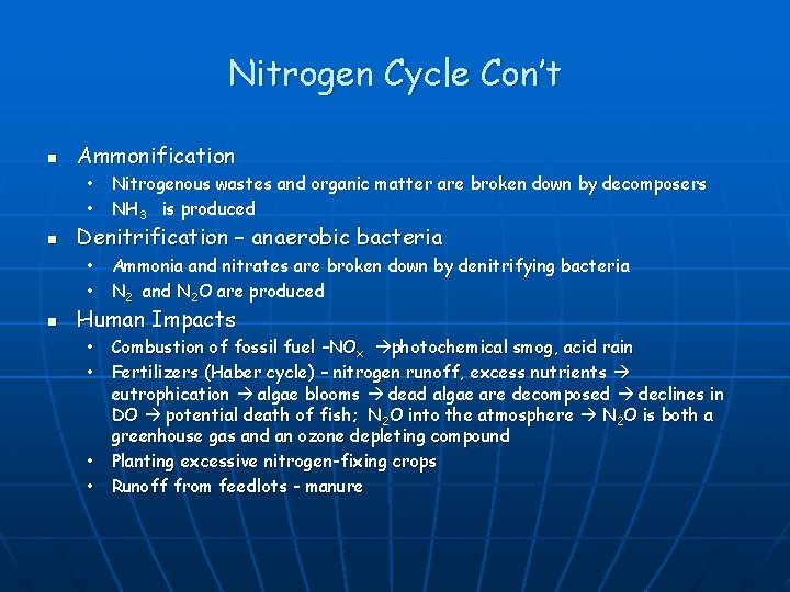 Nitrogen Cycle Con’t n Ammonification • Nitrogenous wastes and organic matter are broken down