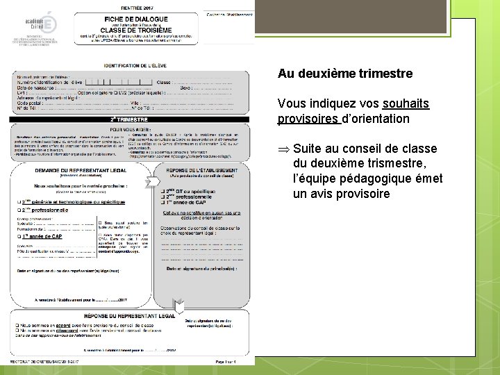 Au deuxième trimestre Vous indiquez vos souhaits provisoires d’orientation Suite au conseil de classe Au deuxième trimestre Vous indiquez vos souhaits provisoires d’orientation Suite au conseil de classe