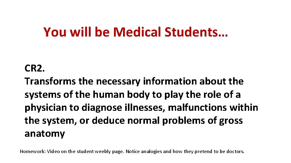 You will be Medical Students… CR 2. Transforms the necessary information about the systems