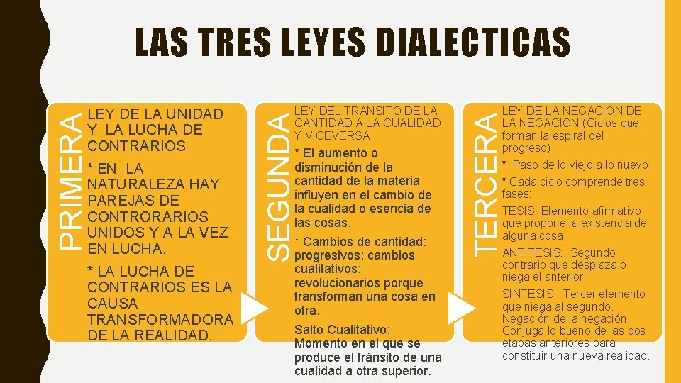 LAS TRES LEYES DIALECTICAS * El aumento o disminución de la cantidad de la