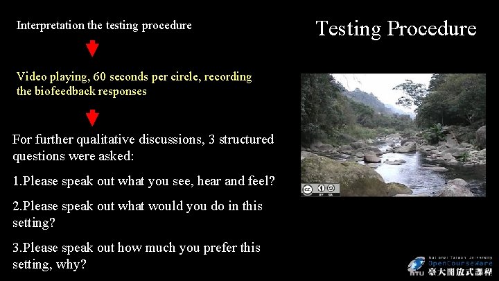 Interpretation the testing procedure Video playing, 60 seconds per circle, recording the biofeedback responses