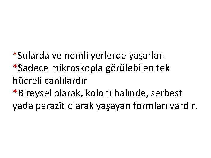 *Sularda ve nemli yerlerde yaşarlar. *Sadece mikroskopla görülebilen tek hücreli canlılardır *Bireysel olarak, koloni