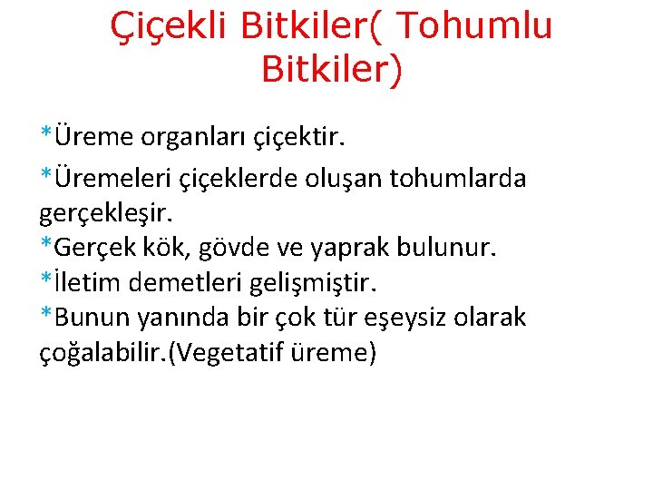 Çiçekli Bitkiler( Tohumlu Bitkiler) *Üreme organları çiçektir. *Üremeleri çiçeklerde oluşan tohumlarda gerçekleşir. *Gerçek kök,