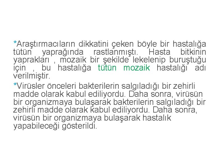 *Araştırmacıların dikkatini çeken böyle bir hastalığa tütün yaprağında rastlanmıştı. Hasta bitkinin yaprakları , mozaik