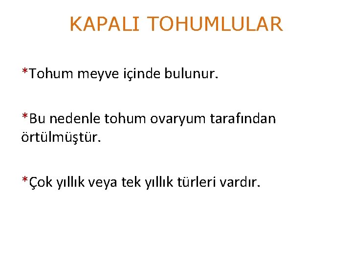 KAPALI TOHUMLULAR *Tohum meyve içinde bulunur. *Bu nedenle tohum ovaryum tarafından örtülmüştür. *Çok yıllık