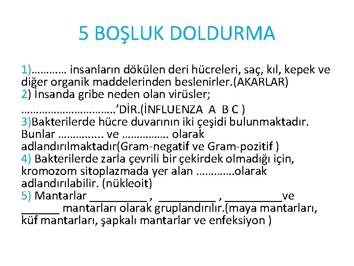 5 BOŞLUK DOLDURMA 1)………… insanların dökülen deri hücreleri, saç, kıl, kepek ve diğer organik