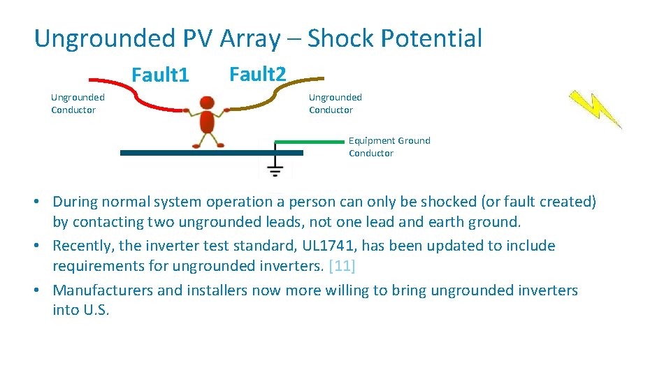 Ungrounded PV Array – Shock Potential Fault 1 Ungrounded Conductor Fault 2 Ungrounded Conductor