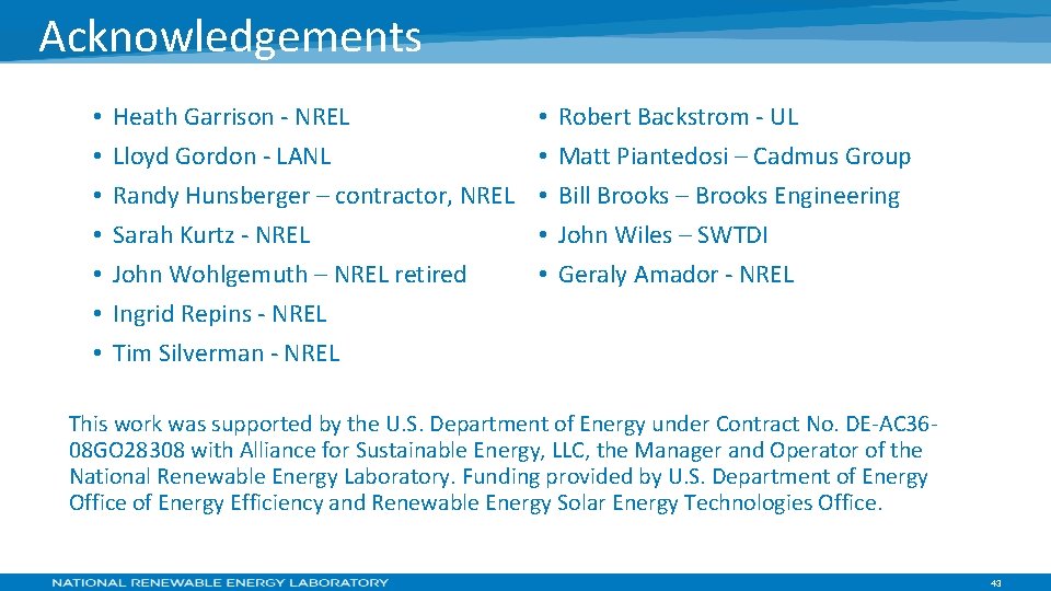 Acknowledgements • • Heath Garrison - NREL Lloyd Gordon - LANL Randy Hunsberger –