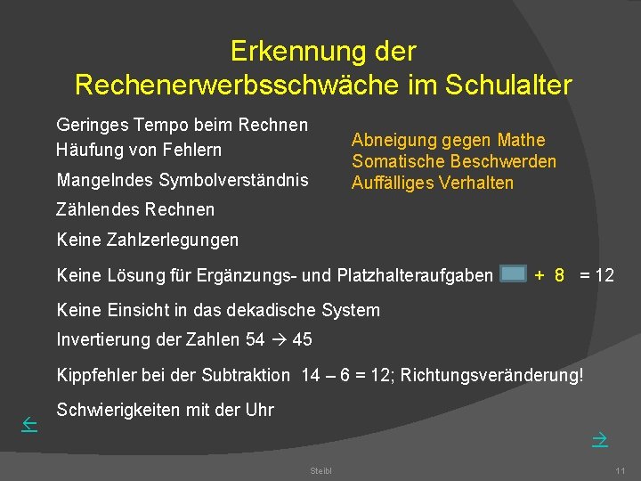 Erkennung der Rechenerwerbsschwäche im Schulalter Geringes Tempo beim Rechnen Häufung von Fehlern Abneigung gegen