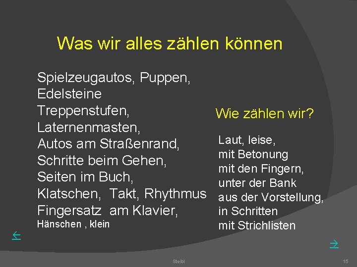 Was wir alles zählen können Spielzeugautos, Puppen, Edelsteine Treppenstufen, Wie zählen wir? Laternenmasten, Laut,