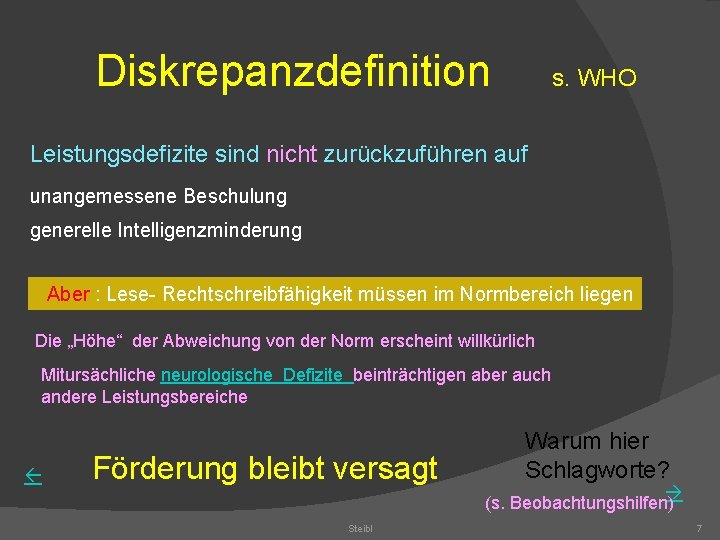 Diskrepanzdefinition s. WHO Leistungsdefizite sind nicht zurückzuführen auf unangemessene Beschulung generelle Intelligenzminderung Aber :