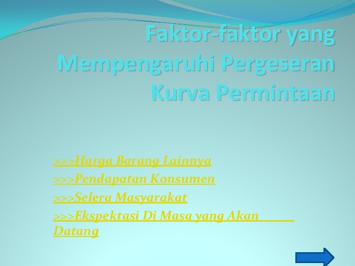 Faktor-faktor yang Mempengaruhi Pergeseran Kurva Permintaan >>>Harga Barang Lainnya >>>Pendapatan Konsumen >>>Selera Masyarakat >>>Ekspektasi