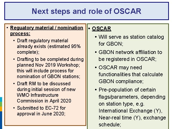 Next steps and role of OSCAR • Reguatory material / nomination • OSCAR process: