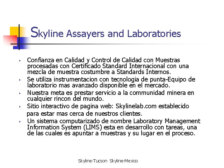 Skyline Assayers and Laboratories § § § Confianza en Calidad y Control de Calidad