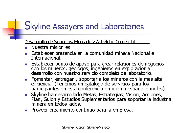 Skyline Assayers and Laboratories Desarrrollo de Negocios, Mercado y Actividad Comercial n n n