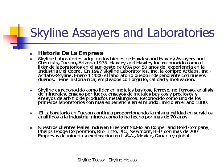 Skyline Assayers and Laboratories n n n Historia De La Empresa Skyline Laboratories adquirio