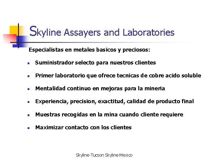 Skyline Assayers and Laboratories Especialistas en metales basicos y preciosos: n Suministrador selecto para