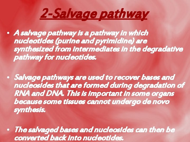 2 -Salvage pathway • A salvage pathway is a pathway in which nucleotides (purine