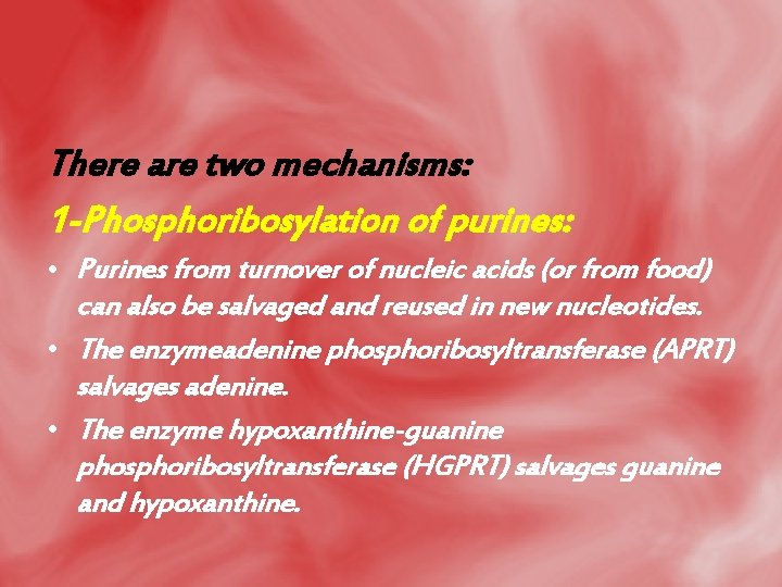 There are two mechanisms: 1 -Phosphoribosylation of purines: • Purines from turnover of nucleic