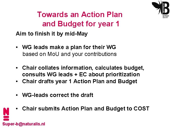 Towards an Action Plan and Budget for year 1 Aim to finish it by